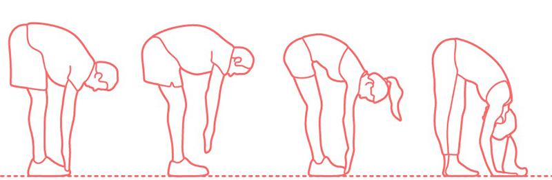 Illustrated person bending forward from the hip with arms reaching the ground for a hamstring stretch.