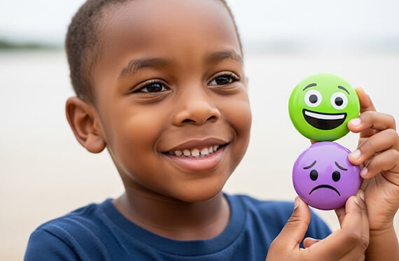 A young boy is smiling at the camera and holding two toy balls. One of the balls has a smiling face and the other ball has a frowning face.